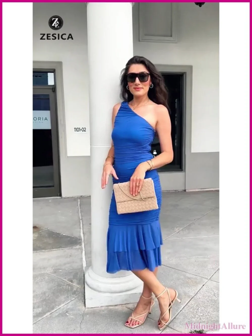 Sleeveless One Shoulder Bodycon Midi Dress Mesh Ruched Ruffled